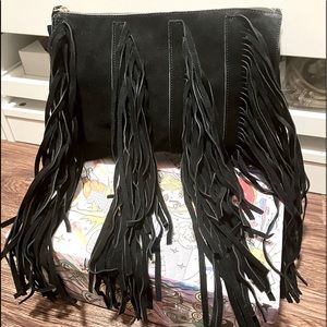 Black cowhide suede fringe purse